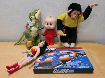 Assorted Collectible Toys: Wonder Woman Plush, G.I. Joe Cobra Rattler, T-Rex, Monkey, Baby Doll