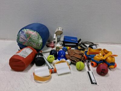 Coleman Adult Sleeping Bag, Roller Skates, Glove, Sports Balls & Accessories &ndash; Assorted Lot (Turns On)