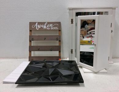 Freestanding White Mirrored Jewelry Storage Cabinet, Wall Hook Rack, 3D Black & White Wall Panels