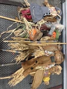 Lot of 8 Fall Harvest/Halloween Decorative Scarecrow Yard Stakes, 48" Tall, Burlap & Fabric