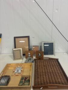 Home Decor Lot: 7 Frames, 2 Trays, Metal Letter D, Wood/Metal/Wicker, Eclectic Styles
