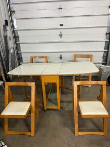 Vintage 1950s Drop-Leaf Dining Table with 4 Folding Chairs, Light Wood Finish, White Laminate Top