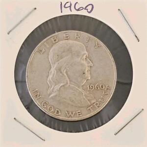 1960-D Franklin Half Dollar, 90% Silver, Denver Mint, Circulated, Liberty Bell Reverse