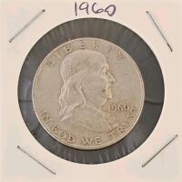1960-D Franklin Half Dollar, 90% Silver, Denver Mint, Circulated, Liberty Bell Reverse