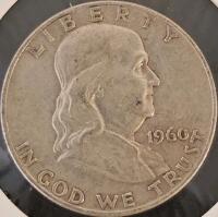 1960-D Franklin Half Dollar, 90% Silver, Denver Mint, Circulated, Liberty Bell Reverse - 2