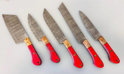 Custom Chef Knife Set 5Pc &ndash; High Carbon Steel Blades, Multicolor Resin/Wood Handles, Full Tang