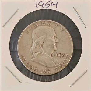 1954-D Franklin Half Dollar, 90% Silver, Denver Mint, Circulated, Liberty Bell Reverse