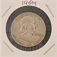 1954-D Franklin Half Dollar, 90% Silver, Denver Mint, Circulated, Liberty Bell Reverse