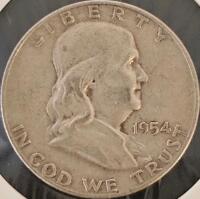 1954-D Franklin Half Dollar, 90% Silver, Denver Mint, Circulated, Liberty Bell Reverse - 2