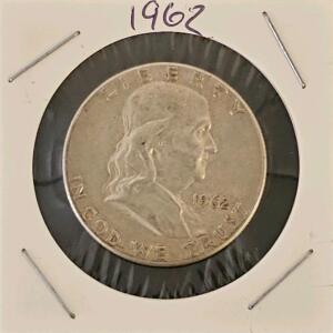 1962 Franklin Half Dollar Coin, 90% Silver, Philadelphia Mint, Circulated Condition