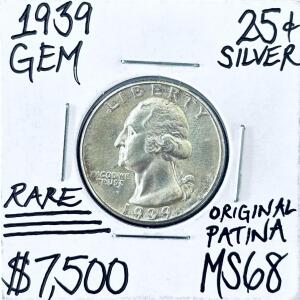 1939 Washington Quarter, 90% Silver, Philadelphia Mint, MS68 Claimed, Original Patina