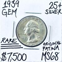 1939 Washington Quarter, 90% Silver, Philadelphia Mint, MS68 Claimed, Original Patina