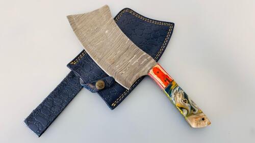 Custom Damascus-Style Hand-Forged Cleaver Knife, Hybrid Resin/Wood Handle, Leather Sheath
