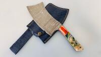 Custom Damascus-Style Hand-Forged Cleaver Knife, Hybrid Resin/Wood Handle, Leather Sheath