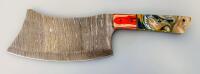 Custom Damascus-Style Hand-Forged Cleaver Knife, Hybrid Resin/Wood Handle, Leather Sheath - 3