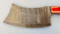 Custom Damascus-Style Hand-Forged Cleaver Knife, Hybrid Resin/Wood Handle, Leather Sheath - 4