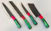 Custom Chef Knife Set 4Pc &ndash; High Carbon Steel Blades, Multicolor Resin/Wood Handles, Full Tang