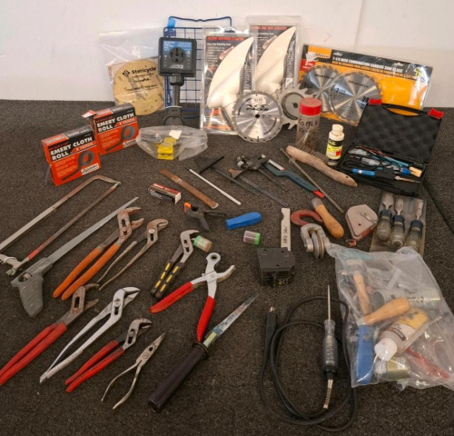 Hand Tools, Chisels, Saw Blades, Soldering Kit (Powered On), RV Holding Tank Vents, And More