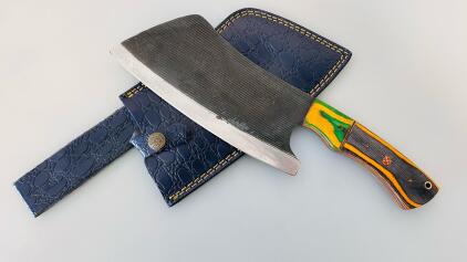 Heavy-Duty Forged Cleaver Knife, 7.5" High-Carbon Blade, Multicolor Wood Handle, Sheath Included
