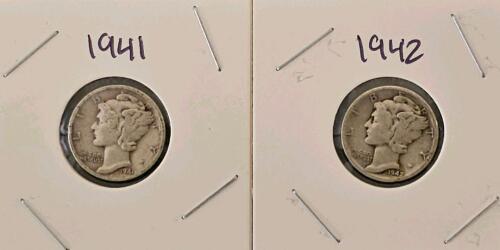 1941-D And 1942 Mercury Silver Dimes, 90% Silver, Circulated, Denver & San Francisco