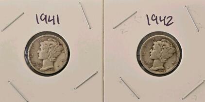 1941-D And 1942 Mercury Silver Dimes, 90% Silver, Circulated, Denver & San Francisco
