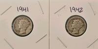1941-D And 1942 Mercury Silver Dimes, 90% Silver, Circulated, Denver & San Francisco