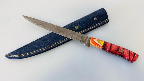 Custom Damascus Steel Fillet Knife, Color Resin & Wood Handle, Mosaic Pins, Leather Sheath, 12"