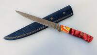 Custom Damascus Steel Fillet Knife, Color Resin & Wood Handle, Mosaic Pins, Leather Sheath, 12"