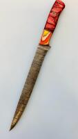 Custom Damascus Steel Fillet Knife, Color Resin & Wood Handle, Mosaic Pins, Leather Sheath, 12" - 3