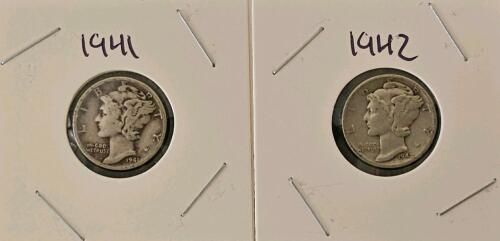 1941 & 1942 Mercury Dimes, 90% Silver, Circulated U.S. Coins, Weinman Design, Philadelphia