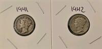 1941 & 1942 Mercury Dimes, 90% Silver, Circulated U.S. Coins, Weinman Design, Philadelphia