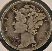 1941 & 1942 Mercury Dimes, 90% Silver, Circulated U.S. Coins, Weinman Design, Philadelphia - 2