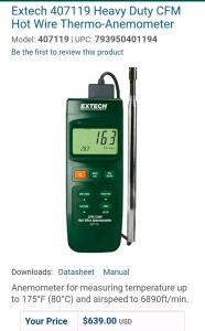 Extech 407119 CFM Hot Wire Thermo-Anemometer, 40-3346 Fpm, 32-122&deg;F, UPC 793950401194