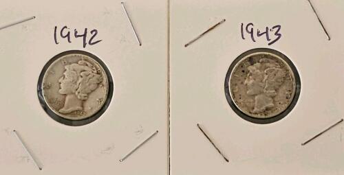 1942 & 1943 Mercury Dimes, 90% Silver, Circulated Condition, U.S. 10 Cent Coins