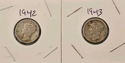 1942 & 1943 Mercury Dimes, 90% Silver, Circulated Condition, U.S. 10 Cent Coins