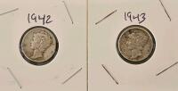 1942 & 1943 Mercury Dimes, 90% Silver, Circulated Condition, U.S. 10 Cent Coins