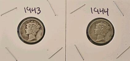1943-D & 1944 Mercury Silver Dimes, 90% Silver, Winged Liberty Head, Circulated (2 Coins)