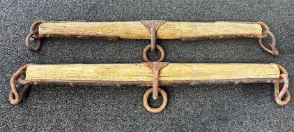 Antique Wooden Double-Tree Singletree Yokes, 30" Length, Hand-Forged Iron Hardware, C. 1900