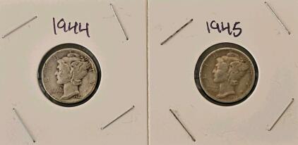 1944 & 1945 Mercury Dimes, 90% Silver, Circulated, Philadelphia, Adolph Weinman Design