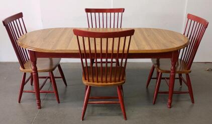 Oval Dining Table Set with 4 Windsor Spindle Back Chairs, Red Legs, Removable Leaf, Two-Tone Wood