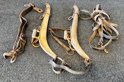 Antique Wooden Horse Harness Hames With Leather Straps And Metal Hardware, 27" Length