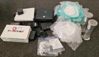 Fortinet FortiGate 60C Desktop UTM Firewall Appliance with Power Adapter (2 Total - Unable to Test), Aerohive Networks Router Appliance (Functional), Cisco Linksys Router (Functional), Lock Box, 15 Unopened Bags of Medical Tubing (Assorted Lengths), Salt 