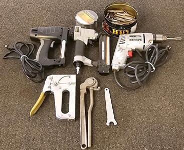 Skil 223 3/8" Drill, Husky 18 Ga. Nailer, Stapler/Nailer Lot, Welding Wire, Taps, Tool Set, (Drill, Electric Staple Gun, And Manual Staple Gun All Functional, Could Not Test Pneumatic With No Access To Air)