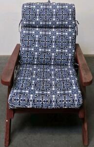 Wooden Lounge Chair With Blue/White Cushions, Reddish-Brown Frame, Wide Armrests, 36"x26"x36"