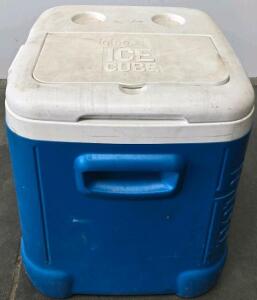 Igloo Ice Cube 60 Quart Blue Cooler With Hinged Compartment Lid And 4 Cup Holders