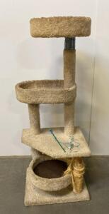Beige 3-Level Cat Tree Condo With Enclosed Bed, Dual Perches, Scratching Post, And Cat Toy
