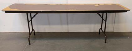 96" x 30" Melamine Top Folding Banquet Table, Steel Legs, Woodgrain Finish, Heavy Wear, Brown