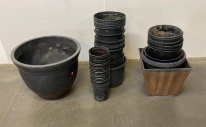 30+ Assorted Nursery Pots & Large Planters, Plastic & Wood, Mixed Sizes, Black