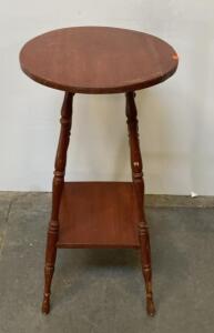 Vintage Wooden Side Table With Turned Legs And Lower Shelf, Round Top, Brown Finish
