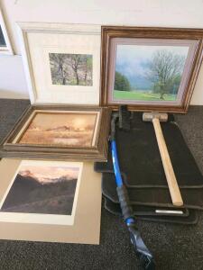 Framed Landscape Art Prints, 3 Pieces, Barn Homestead & Mountain Scenes, Gray Car Floor Mats, Sledgehammer